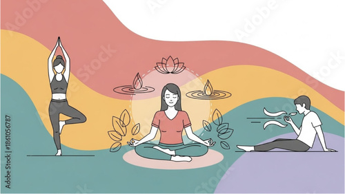 Serene yoga practice in a peaceful natural setting with meditative poses and calming atmosphere