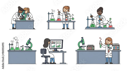 Scientists conducting experiments and research in a laboratory setting from various viewpoints