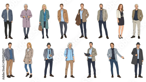 Diverse group of people standing together, wearing various outfits, against a plain white background