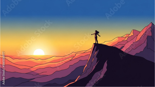 A lone figure stands triumphantly on a mountain peak at sunrise