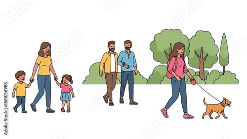 Family members walking together in a park with a dog on a leash from a distant viewpoint.