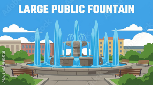 large public fountain features powerful vertical water jets arranged symmetrically, symbolizing civic design, urban planning, and dynamic movement within an open architectural space