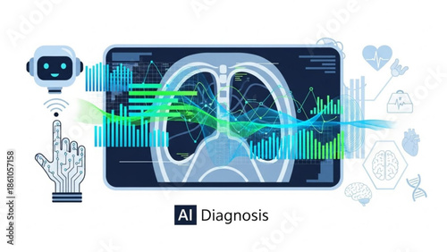 Ai medical diagnosis on tablet with robot and futuristic interface elements