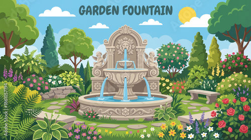 garden fountain surrounded by lush greenery and plants creates a peaceful atmosphere, emphasizing nature integration, landscape design, and tranquil outdoor living spaces