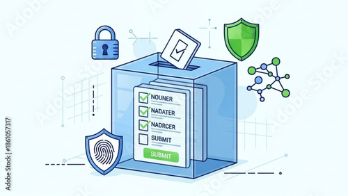 Secure voting system with ballot box, padlock, shield, and molecular structure on light blue background, representing safe and protected
