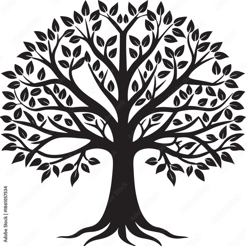 Fototapeta premium Stylized black tree silhouette with spreading branches and roots Vector.