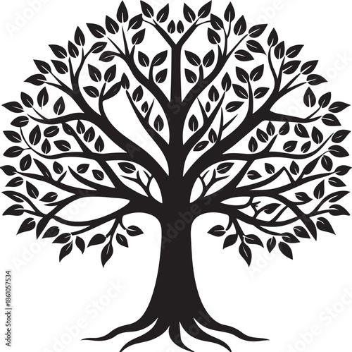 Stylized black tree silhouette with spreading branches and roots Vector.

