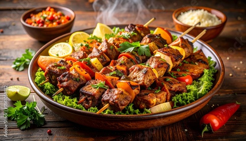 Delicious Grilled Meat Skewers with Vegetables and Rice.