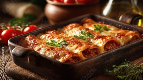 Baked cannelloni with meat and cheese filling