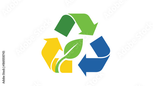Colorful three arrow recycling symbol featuring a vibrant green leaf at its center promoting ecological sustainability and conservation efforts globally