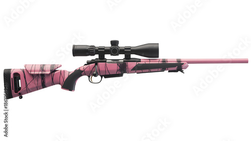 Pink camouflage sniper rifle with black scope in studio lighting on white background for hunting advertisement