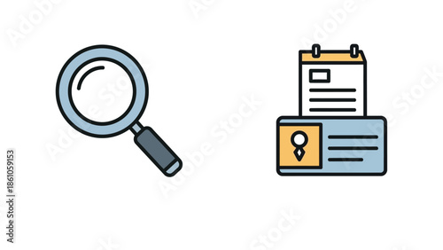 Set of two flat design icons representing the crucial concepts of searching information and identification verification documents for digital interfaces or presentations.