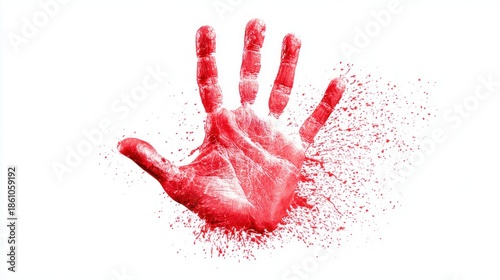 Red handprint with paint splatter on white background, concept of violence