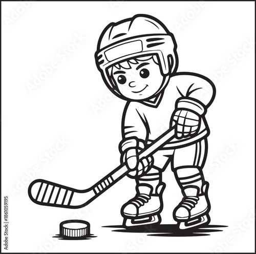Boy playing ice hockey with stick black outline vector illustration, Winter sports coloring activity book for kids