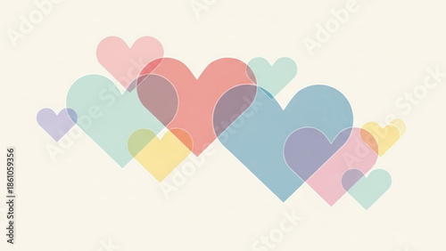 Colorful pastel hearts in various sizes and shades on cream background, love symbol