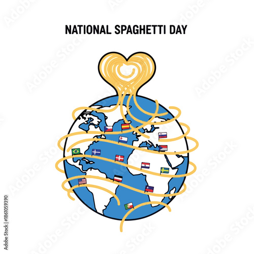 Illustration of a globe with spaghetti wrapped around it and a heart-shaped serving dish on top, celebrating National Spaghetti Day. Perfect for food blogs, social media posts, and culinary