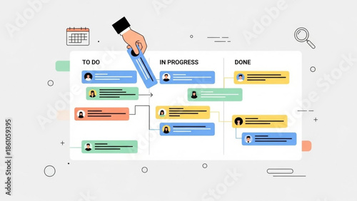 A hand holds a blue marker, pointing to a workflow diagram with to do, in progress, and done