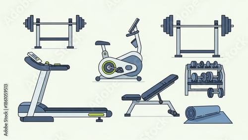 Graphic illustration of various gym equipment including treadmill, exercise bike, dumbbells