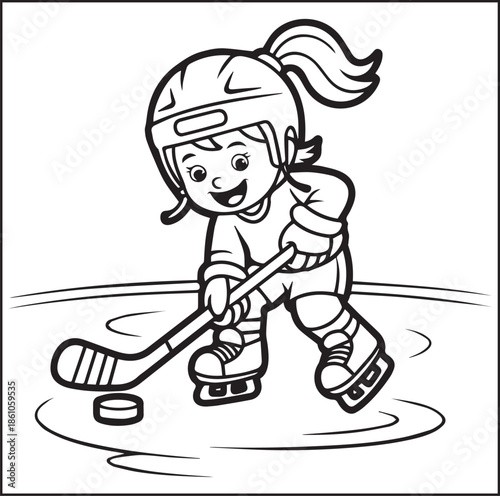 Cute girl playing ice hockey with stick black outline vector illustration, Winter sports coloring activity book for kids