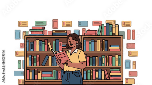 Happy Young Woman Reading Book in Library Surrounded by Bookshelves and Catalog Cards