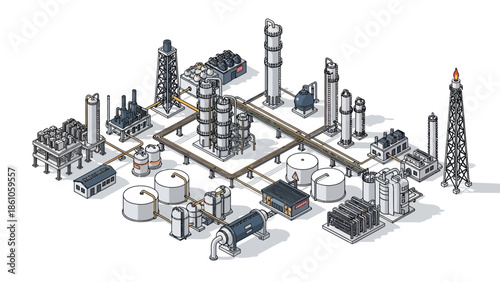 Isometric illustration of a complex industrial oil refinery with various towers, tanks, and pipelines.