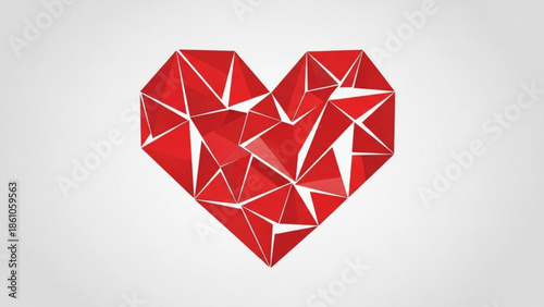 Broken red heart shape with white lines on gray background, symbolizing love and heartbreak