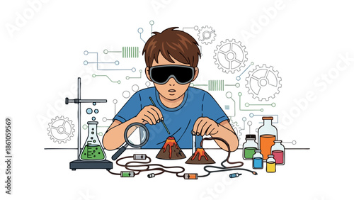 Curious Young Boy in Safety Goggles Conducting a Science Experiment Exploring Chemistry and Engineering