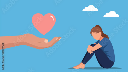 A compassionate hand extends a glowing pink heart toward a sorrowful woman sitting with her head bowed, symbolizing the powerful offer of love and emotional support during times of deep despair