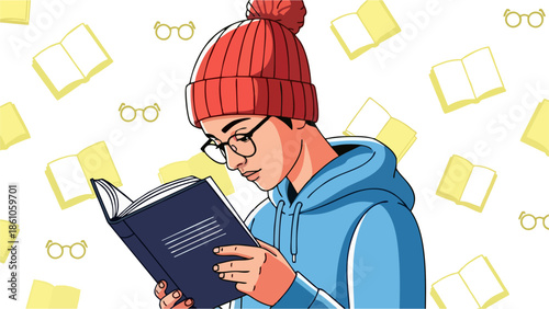 Young Man Wearing a Beanie and Glasses Reads a Book Surrounded by Floating Books and Eyeglasses Illustration