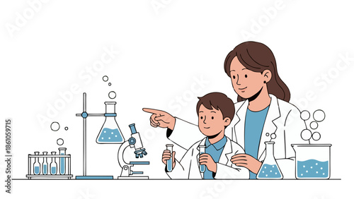 Inspiring Young Minds Mother and Son Explore Science Lab Together Conducting Experiments with Microscopes and Beakers for Educational Discovery
