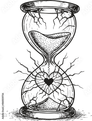 Cracked hourglass with sand falling through the broken glass