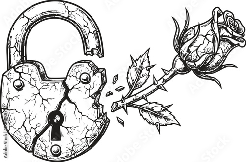Broken padlock and shattered rose