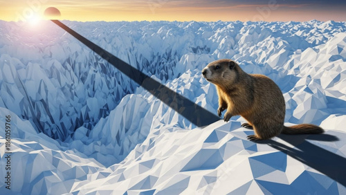 Large brown marmot sitting on snowy mountain peak at sunrise with long shadow