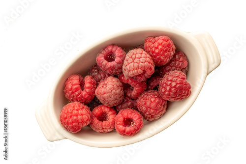 Red ripe raspberries isolated on white background, top view, macro.