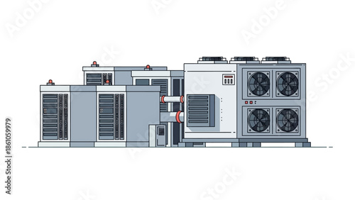 A detailed illustration of a modern data center with multiple server racks and cooling units.
