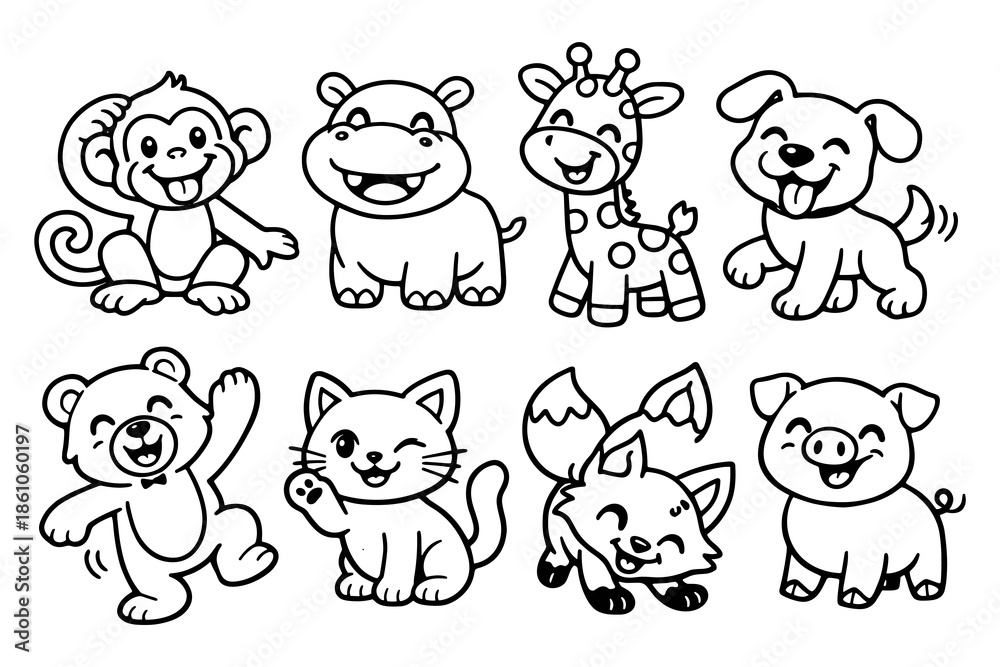 Fototapeta premium Adorable cartoon baby animals line art collection for kids