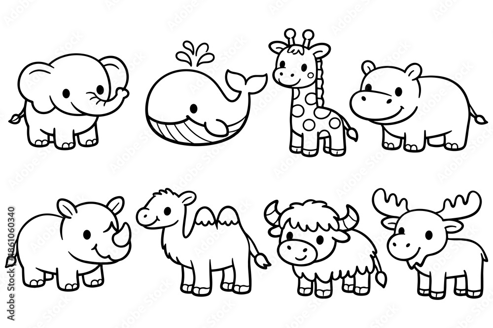 Obraz premium Adorable black and white animal outline collection for kids' coloring fun