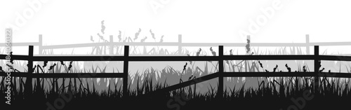 Meadow silhouettes with grass and old wooden fence. Countryside, panoramic summer lawn rural landscape with herbs, weeds. Herbal border, frame element. Black horizontal banners. Vector illustration