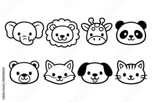 Cute animal faces in simple black outline style for children's designs