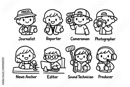 Cartoon media professionals: journalist, cameraman, and more in friendly outlines