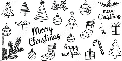 Hand drawn Christmas doodle set, black ink holiday icons featuring trees, ornaments, stockings, and "Merry Christmas" calligraphy