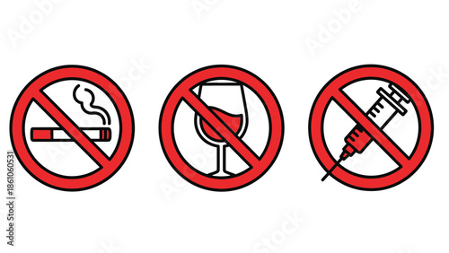 Collection of three distinct prohibition signs illustrating the concepts of no smoking no alcohol consumption and no drug use depicted clearly