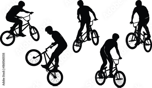 BMX rider silhouettes performing freestyle bicycle tricks isolated on white background, extreme sports action poses, urban cycling illustration vector set