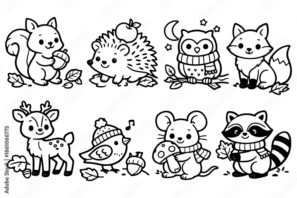 Obraz premium Cute woodland animals in autumn outfits and accessories