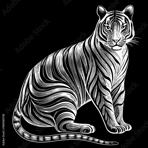 Stunning Black and White Illustration of a Majestic Tiger Sitting stunning black and white