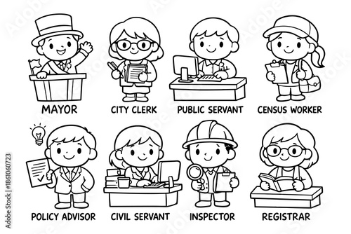 Cute outline characters representing various government jobs in a cartoon style