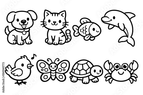 Cute animal doodles: cat, dog, fish, dolphin, bird, butterfly, turtle, crab in cartoon style