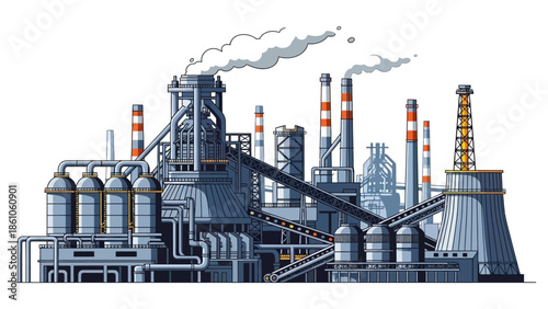 A large industrial complex with multiple smokestacks emitting smoke, conveying a sense of heavy manufacturing and production.