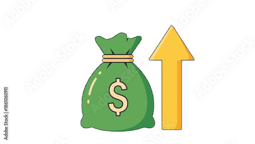 Illustrative graphic depicting a rising yellow arrow next to a green money bag symbolizing significant revenue growth and financial profit increase for businesses.