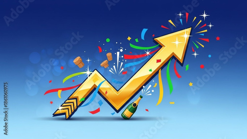 Golden arrow rising upward with champagne bottle and confetti celebration on blue gradient background